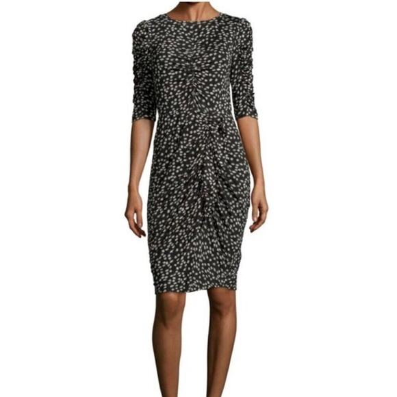 REBECCA TAYLOR DRESS RUCHED PREPPY CHIC FLORAL FIZZ BLACK IVORY Sz M TRENDY - Picture 3 of 15